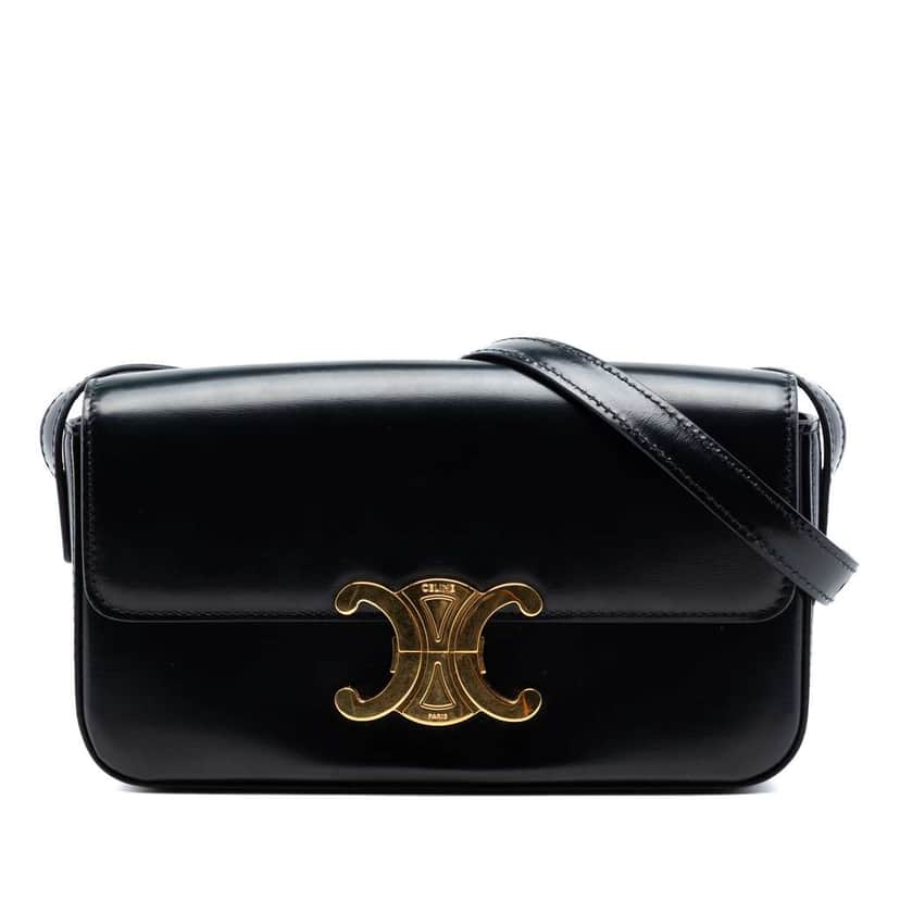 Celine Shiny Calfskin Triomphe Claude Shoulder Bag Black Leather Very good condition - Front View