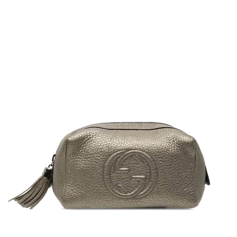 Gucci Metallic Leather Soho Cosmetic Pouch Grey Leather Very good condition - Front View