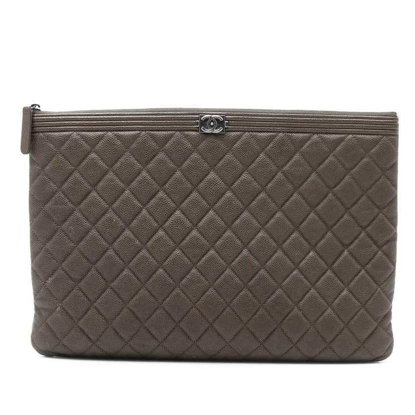 Chanel Large Quilted Caviar Boy O Case Clutch Brown Leather Very good condition - Front View