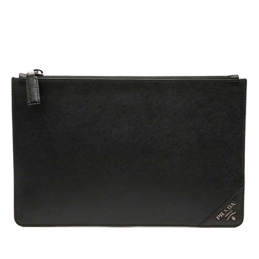 Prada Saffiano Clutch Black Leather Very good condition - Front View