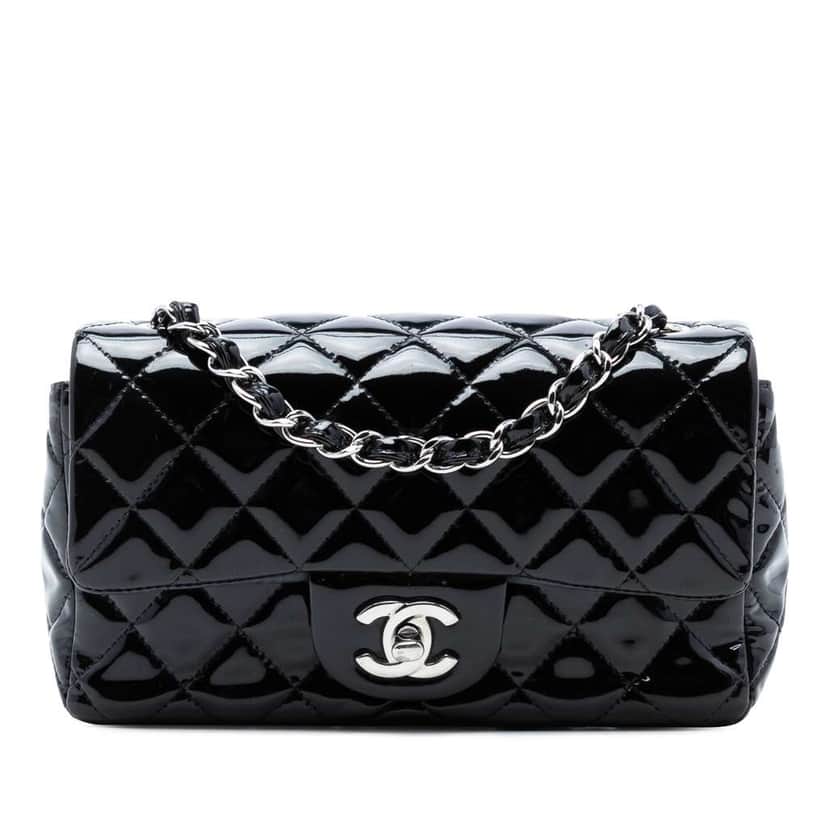 Chanel Mini Rectangular Classic Patent Single Flap Black Leather Very good condition - Front View