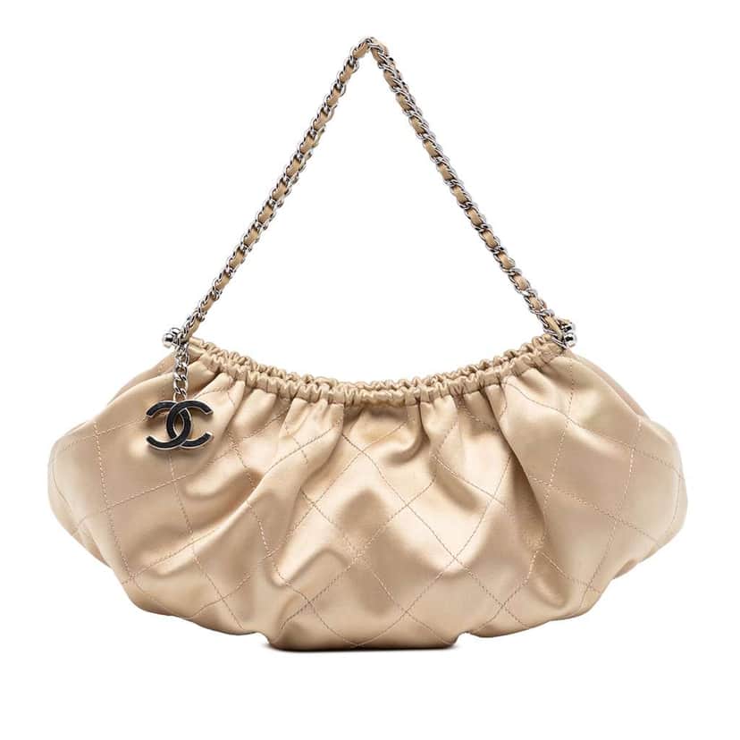 Chanel Quilted Satin CC Charm Handbag Beige Satin Very good condition - Front View