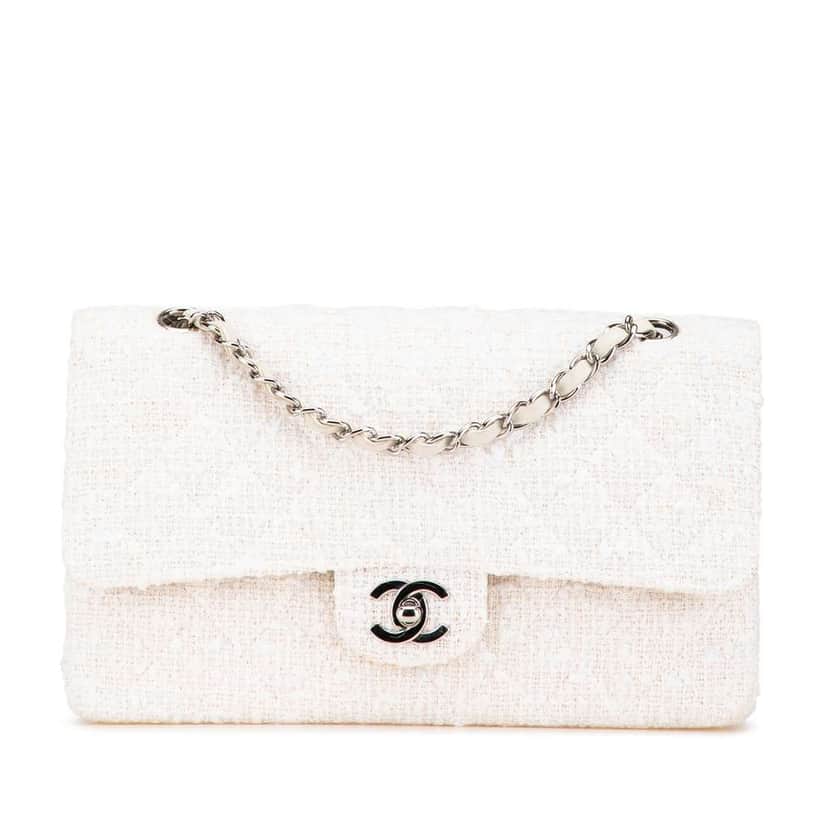 Chanel Medium Classic Tweed Double Flap White Tweed Very good condition - Front View