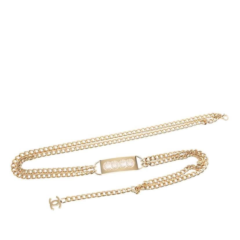 Chanel Gold Plated Strass Coco Plaque Double Chain Belt Gold Metal Very good condition - Front View