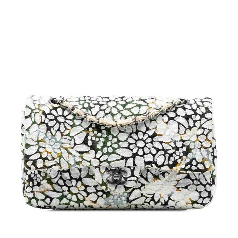 Chanel Medium Classic Chevron Tweed Floral Double Flap White Tweed Very good condition - Front View