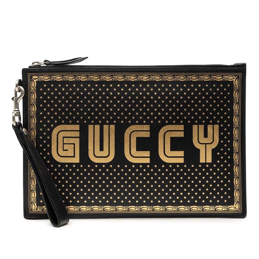 Gucci Leather Guccy Sega Clutch Black Leather Very good condition - Front View