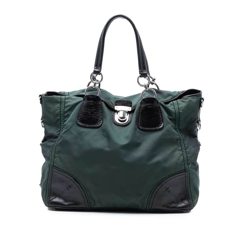 Prada Tessuto Push Lock Convertible Tote Green Very good condition - Front View