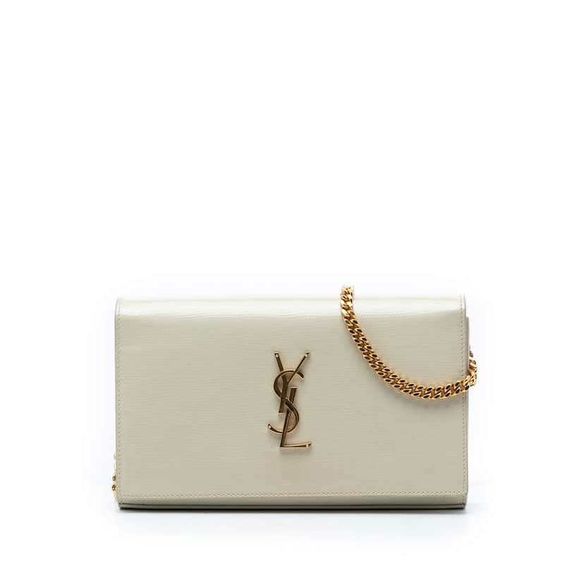 Saint Laurent Lizard Embossed Patent Cassandre Wallet On Chain White Leather Very good condition - Front View