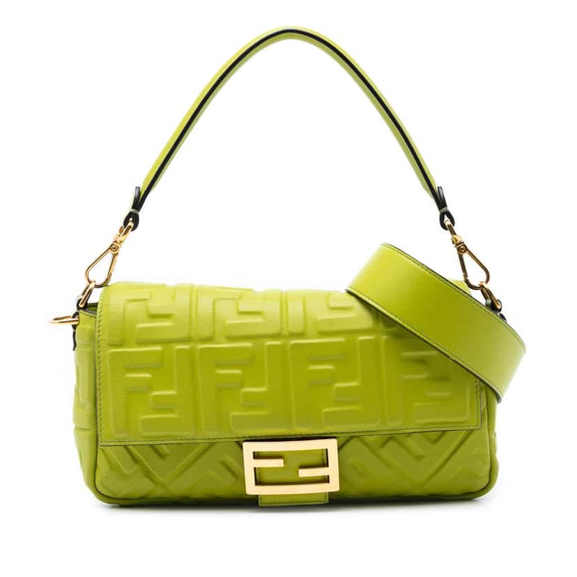 Fendi Zucca Embossed Leather Baguette Satchel Green Leather Very good condition - Front View