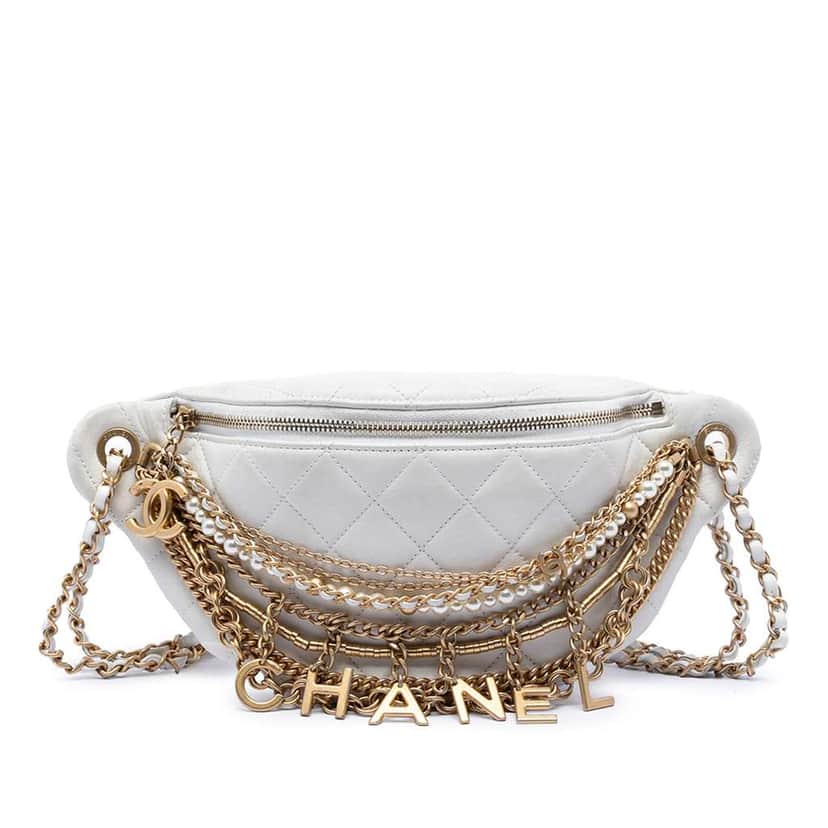 Chanel Quilted Lambskin All About Chains Waist Bag White Leather Very good condition - Front View