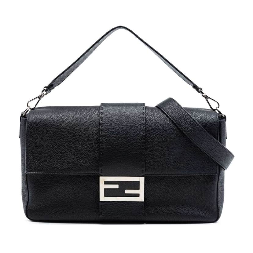 Fendi Large Leather Selleria Convertible Baguette Satchel Black Leather Very good condition - Front View