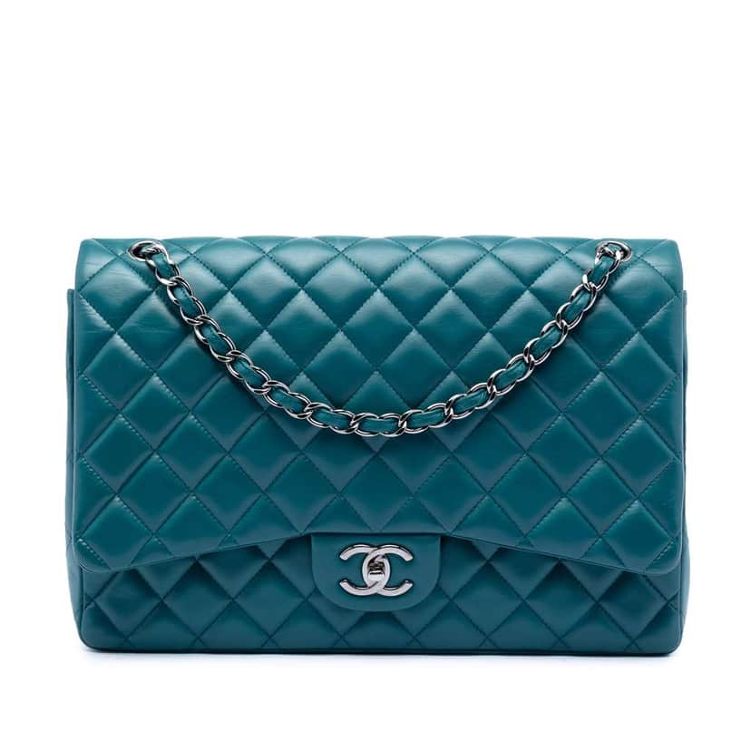 Chanel Maxi Classic Lambskin Double Flap Blue Leather Very good condition - Front View