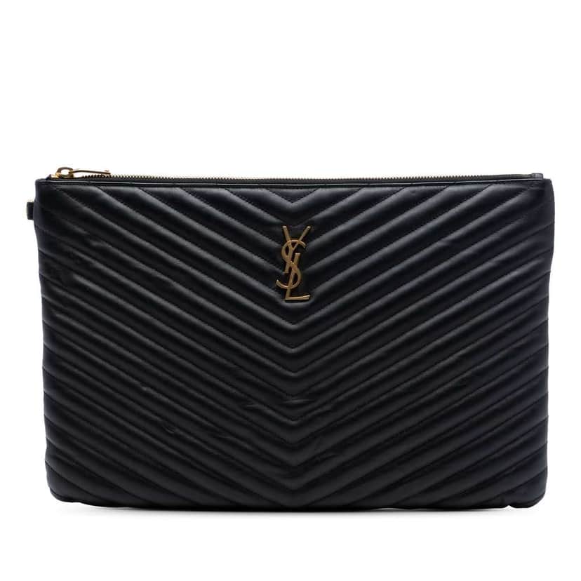 Saint Laurent Quilted Chevron Leather Monogram Document Holder Black Leather Very good condition - Front View