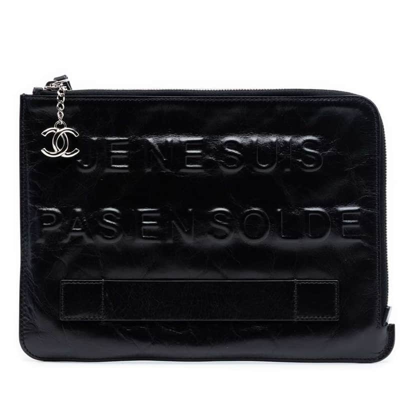 Chanel Distressed Calfskin Je Ne Suis Pas En Solde Clutch Black Leather Very good condition - Front View