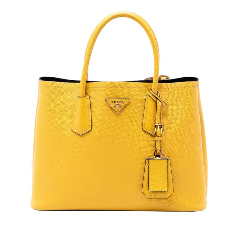 Prada Medium Saffiano Cuir Double Satchel Yellow Leather Very good condition - Front View