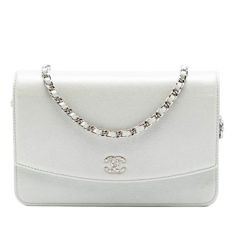 Chanel CC Caviar Sevruga Wallet On Chain White Leather Very good condition - Front View