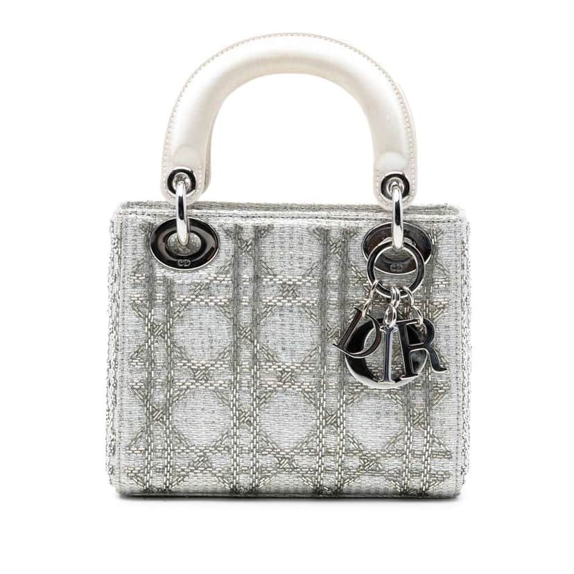 Dior Mini Tweed Cannage Beaded Lady Dior White Tweed Very good condition - Front View
