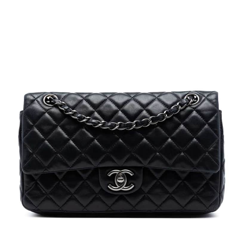 Chanel Medium Classic Lambskin Double Flap Black Leather Very good condition - Front View
