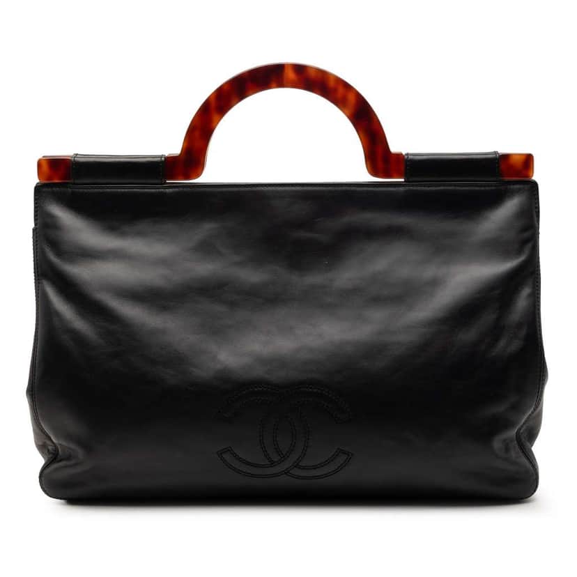Chanel CC Lambskin Tortoise Shell Top Handle Tote Black Leather Very good condition - Front View