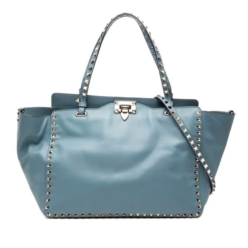 Valentino Medium Leather Rockstud Trapeze Satchel Blue Leather Very good condition - Front View