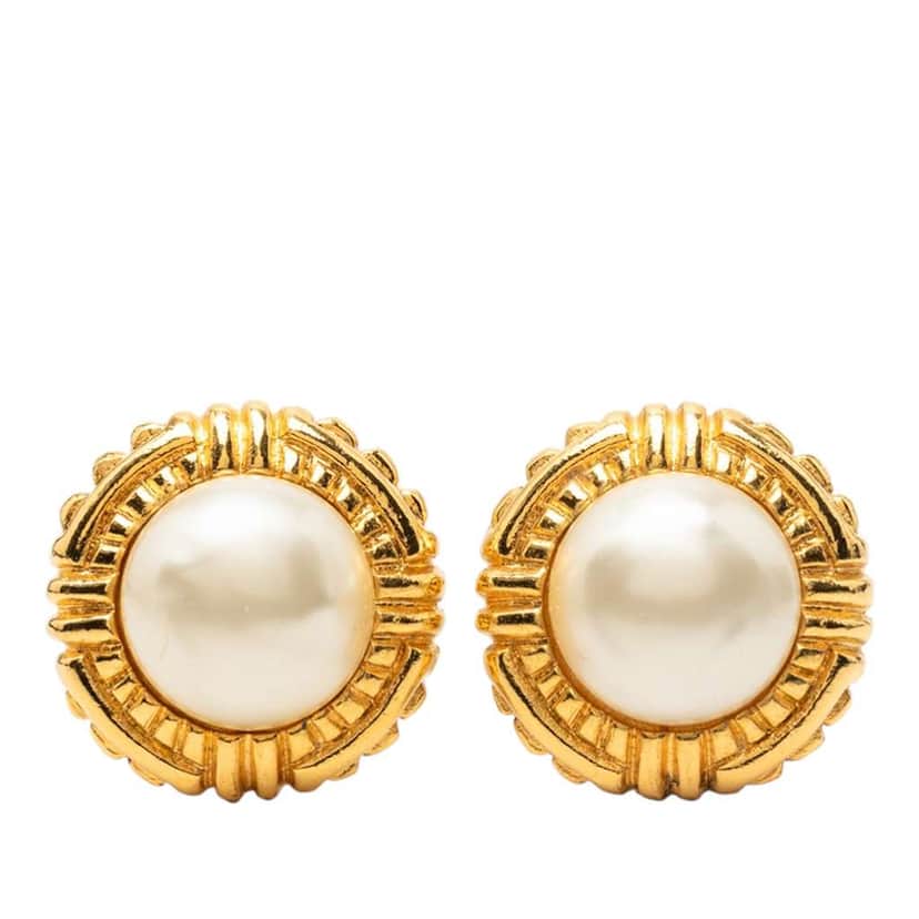 Chanel Gold Plated Faux Pearl Clip On Earrings Gold Metal Very good condition - Front View