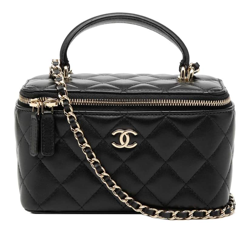 Chanel Small Lambskin Top Handle Vanity Case with Chain Black Leather Very good condition - Front View