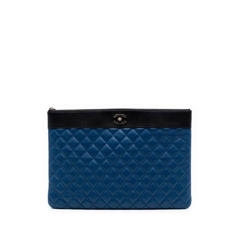 Chanel Large Bicolor Sheepskin Mademoiselle Zip Clutch Blue Leather Very good condition - Front View