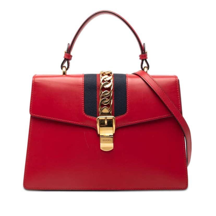 Gucci Medium Leather Web Sylvie Top Handle Bag Red Leather Very good condition - Front View