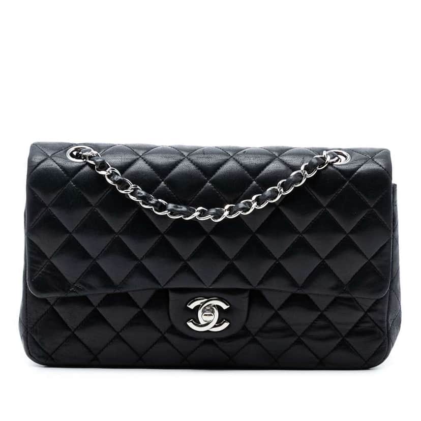Chanel Medium Classic Lambskin Double Flap Black Leather Very good condition - Front View