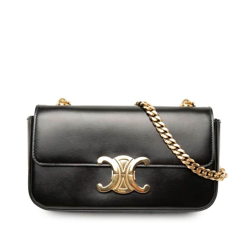 Celine Shiny Calfskin Claude Chain Shoulder Bag Black Leather Very good condition - Front View