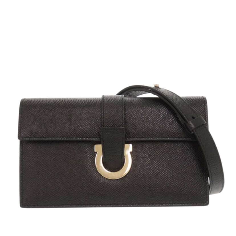 Salvatore Ferragamo Grained Calfskin Gancini Crossbody Black Leather Very good condition - Front View