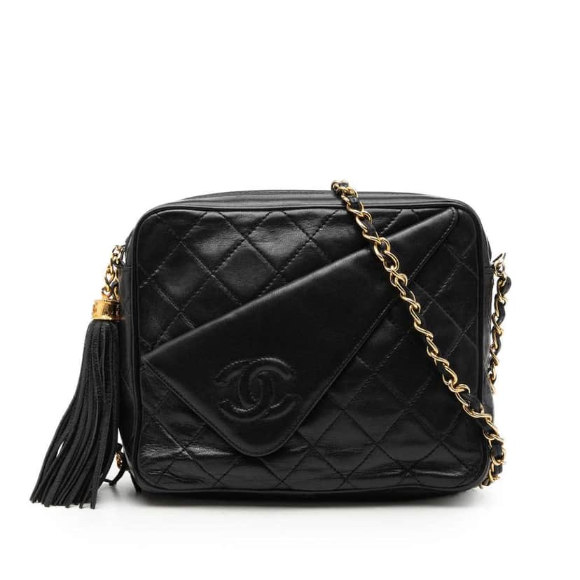 Chanel Mini CC Quilted Lambskin Tassel Camera Bag Black Leather Very good condition - Front View