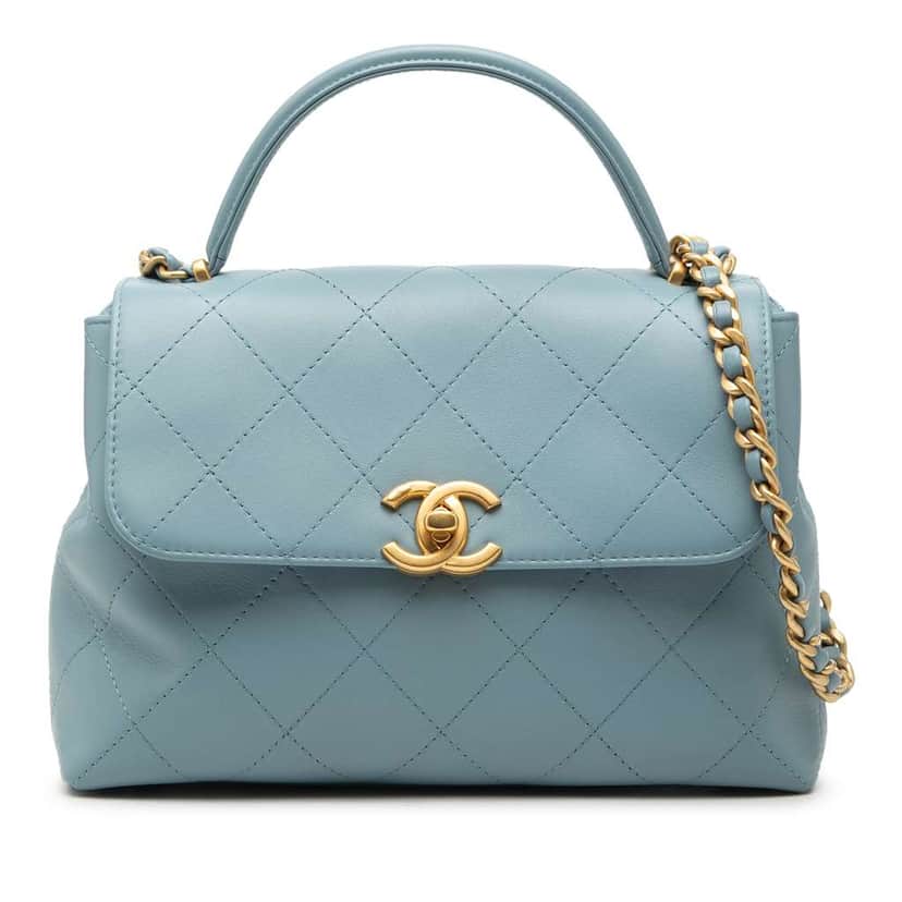 Chanel CC Quilted Lambskin Top Handle Flap Blue Leather Very good condition - Front View