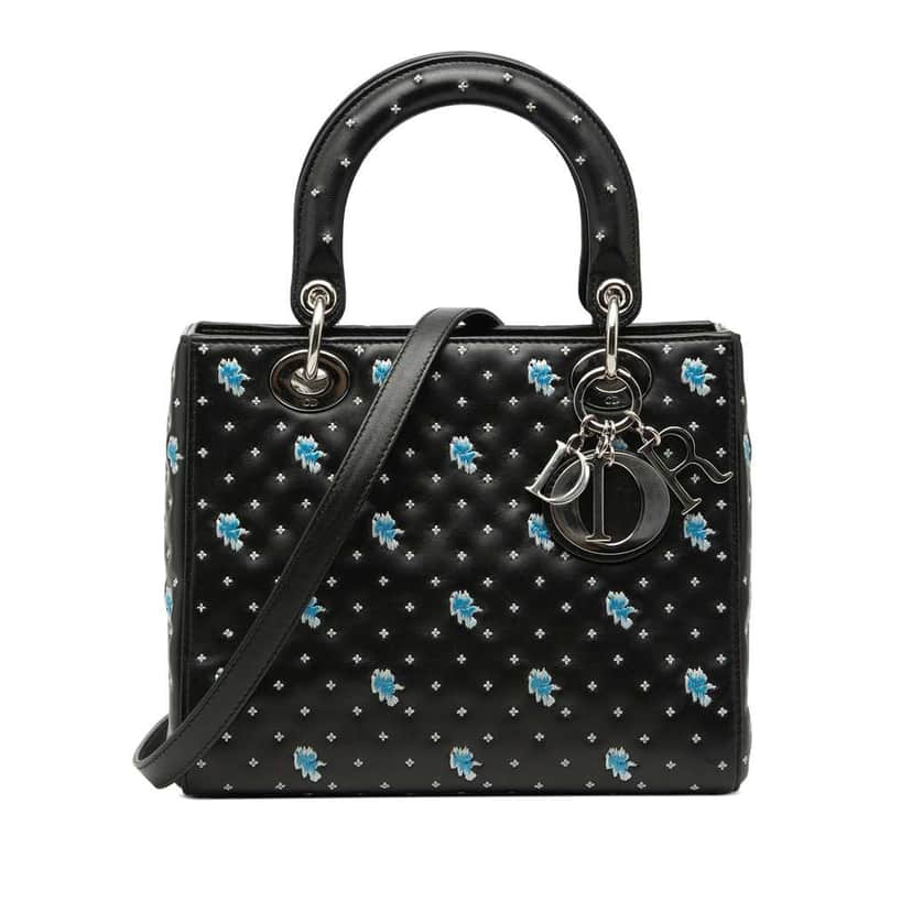 Dior Medium Calfskin Embroidered Flower Lady Dior Black Leather Very good condition - Front View