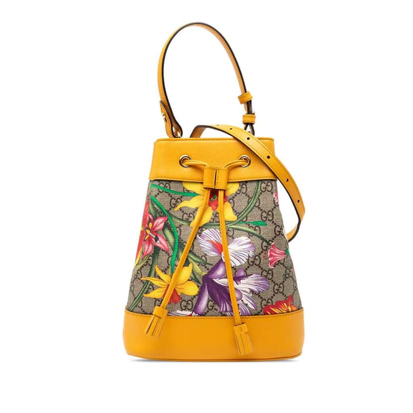 Gucci Small GG Supreme Flora Ophidia Bucket Bag Beige Canvas Very good condition - Front View