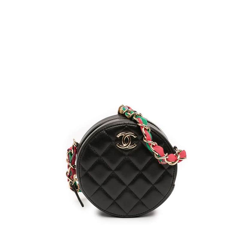 Chanel CC Quilted Lambskin Ribbon Round Clutch With Chain Black Leather Very good condition - Front View