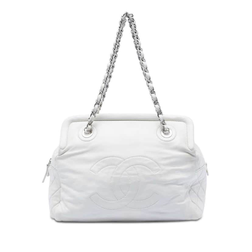 Chanel CC Lambskin Frame Tote White Leather Very good condition - Front View