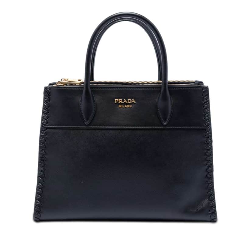 Prada City Calf Trimmed Saffiano Paradigme Whipstitch Satchel Black Leather Very good condition - Front View