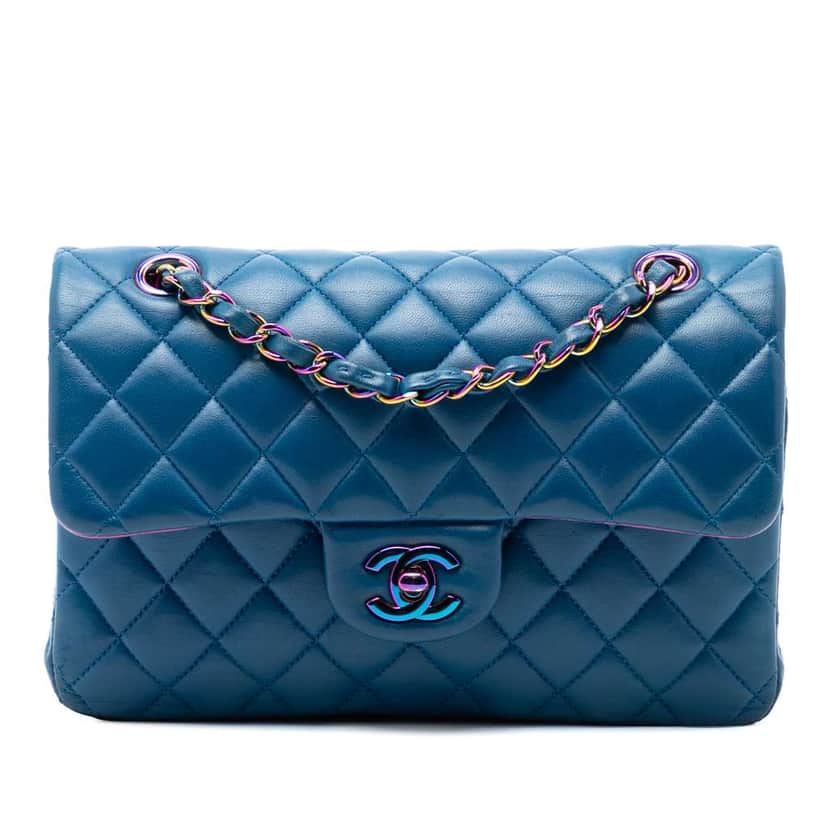 Chanel Small Classic Lambskin Rainbow Hardware Double Flap Blue Leather Very good condition - Front View
