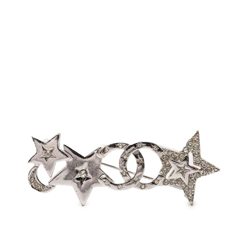 Chanel CC Brass and Strass Star and Moon Pin Brooch Silver Brass Very good condition - Front View