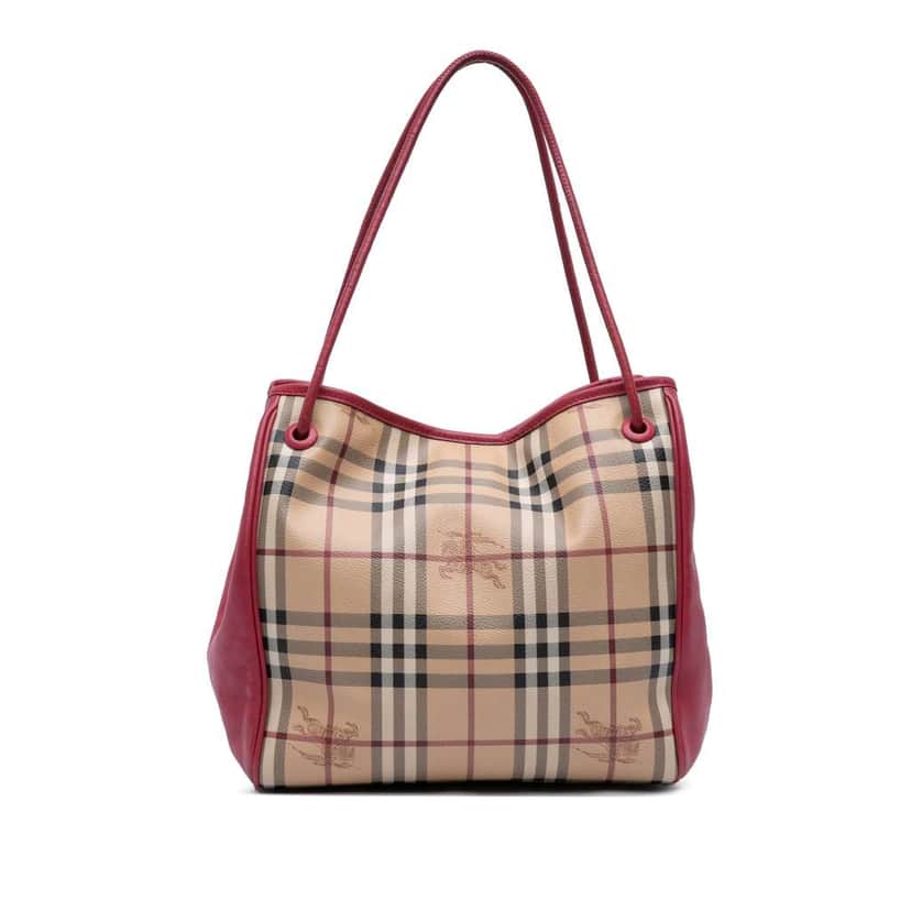 Burberry Small Leather Trimmed Haymarket Check Coated Canvas Canterbury Tote Beige Canvas Very good condition - Front View