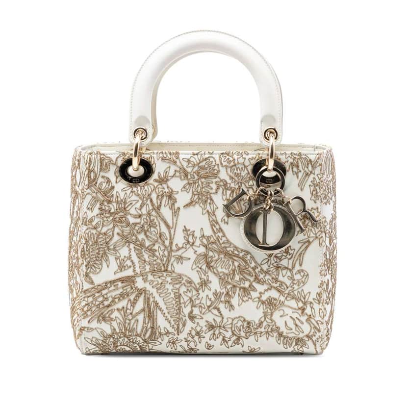 Dior Medium Calfskin Embroidered Jardin D Hiver Lady Dior White Leather Very good condition - Front View