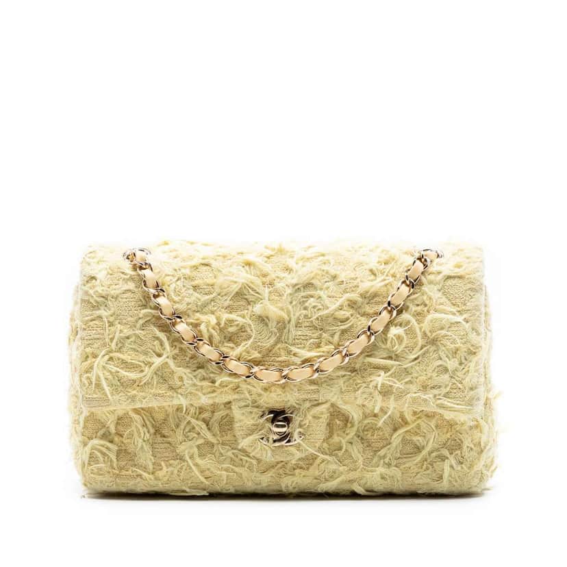 Chanel Medium Classic Fringed Tweed Double Flap Yellow Tweed Very good condition - Front View