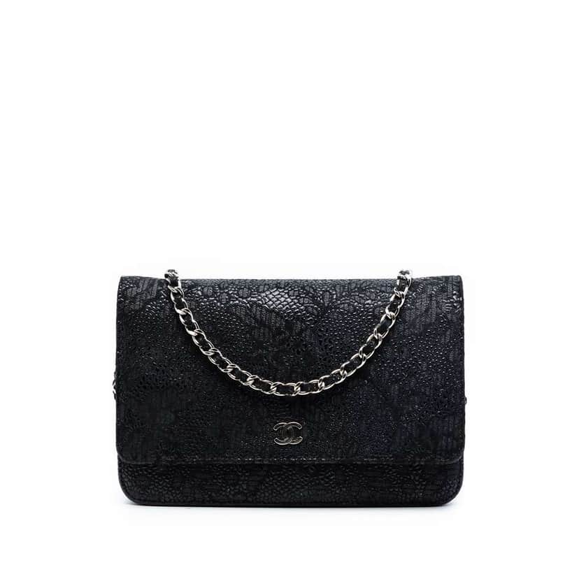 Chanel CC Lace Overlay Goatskin Wallet On Chain Black Leather Very good condition - Front View