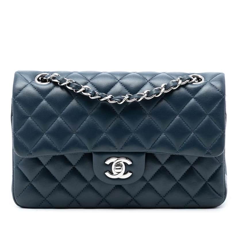 Chanel Small Classic Lambskin Double Flap Blue Leather Very good condition - Front View