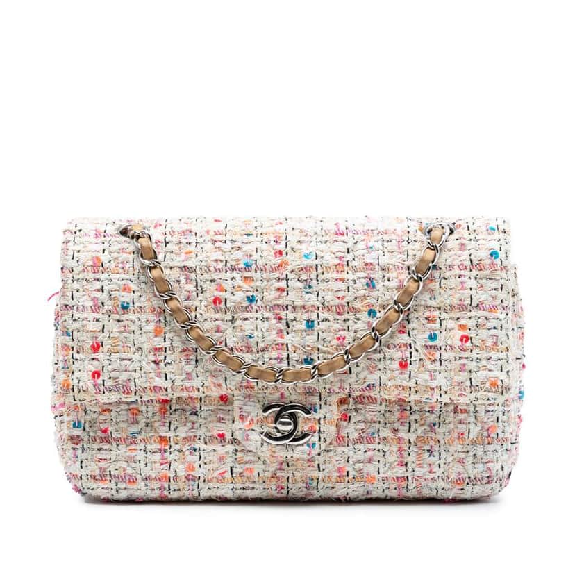 Chanel Medium Classic Tweed Sequins Double Flap Brown Tweed Very good condition - Front View