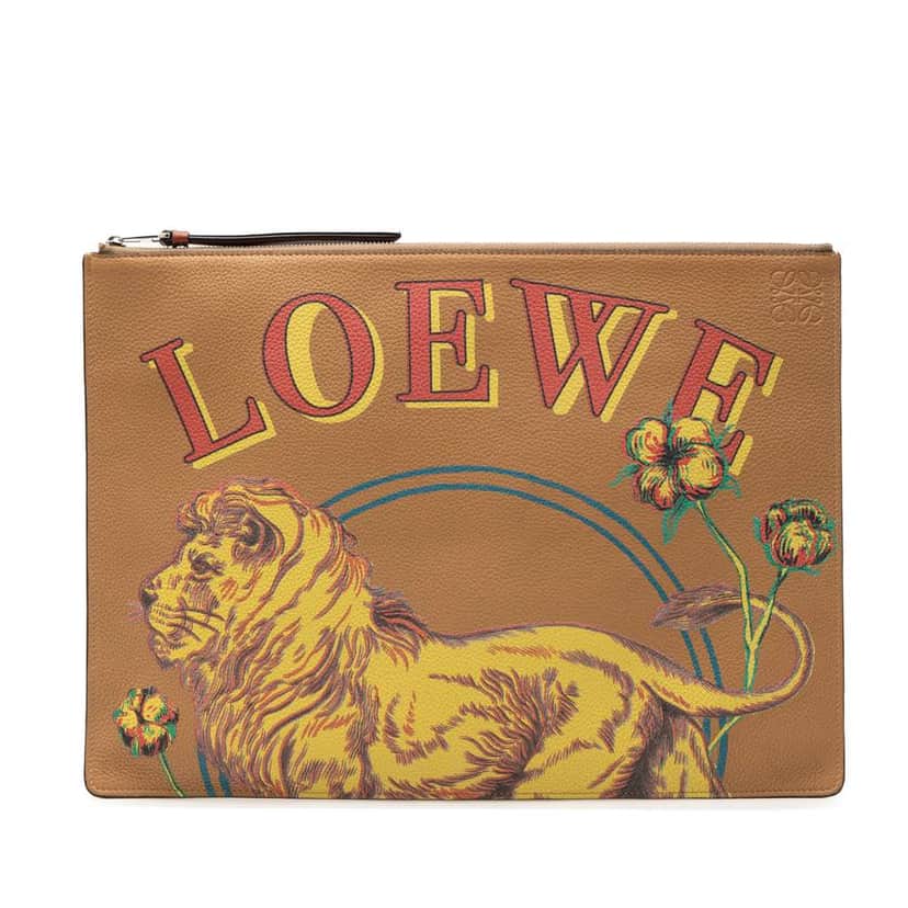 Loewe Paulas Ibiza Leather Lion and Floral Print Clutch Brown Leather Very good condition - Front View