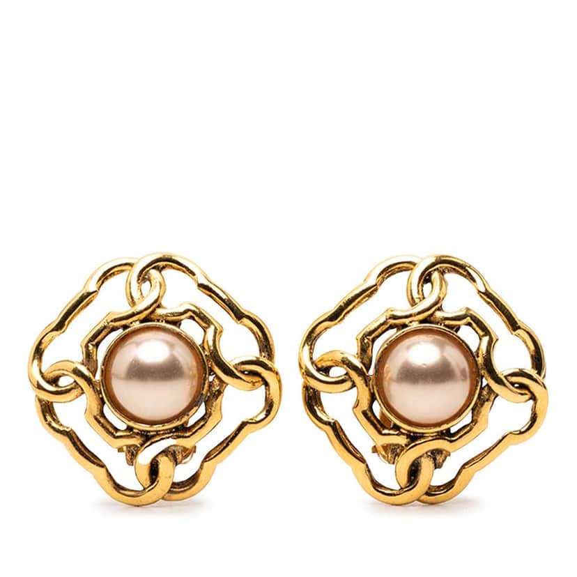 Chanel Gold Plated Faux Pearl Clip On Earrings Gold Metal Very good condition - Front View