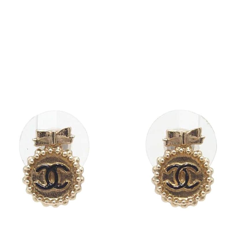 Chanel CC Gold Plated Bow Bullet Back Earrings Gold Metal Very good condition - Front View