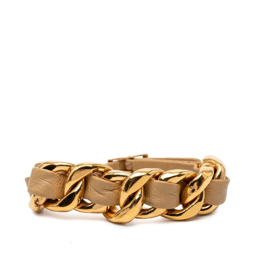 Chanel CC Gold Plated Leather Woven Chain Bracelet Gold Metal Very good condition - Front View